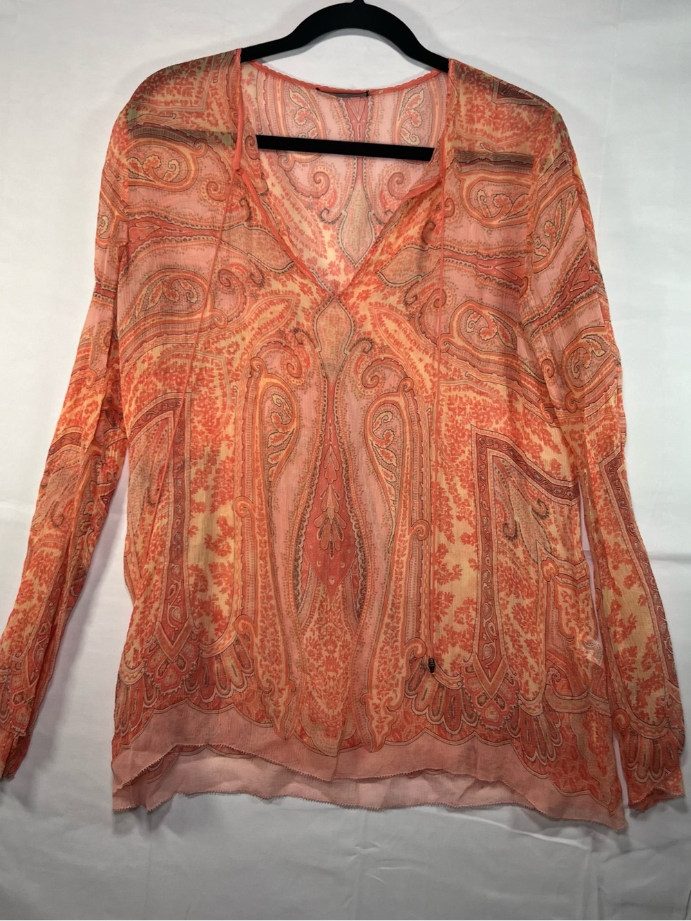Elie Tahari Paisley Print V-Neck Long Sleeve Blouse Peach Orange Boho Womens